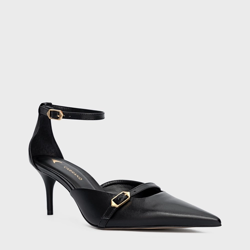 Scarpin Slingback Strips Fivelas Salto Fino Couro Preto