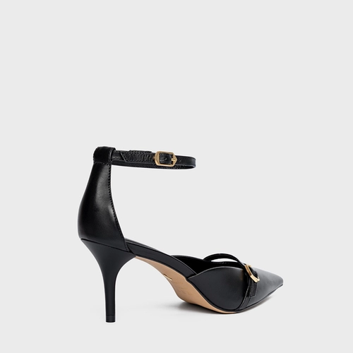 Scarpin Slingback Strips Fivelas Salto Fino Couro Preto