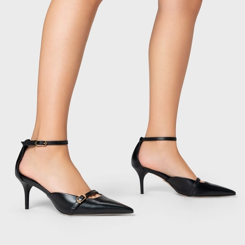 Scarpin Slingback Strips Fivelas Salto Fino Couro Preto