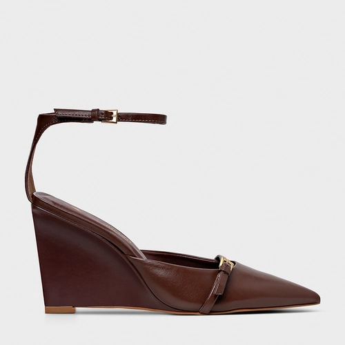 Scarpin Slingback Strips Fivelas Anabela Couro Marrom Brunette