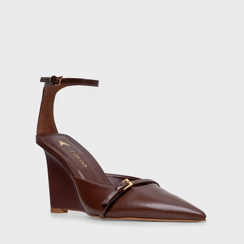 Scarpin Slingback Strips Fivelas Anabela Couro Marrom Brunette