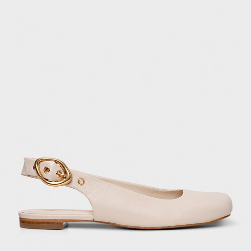 Sapatilha Slingback Buckle Bico Quadrado Couro Off White Cotton