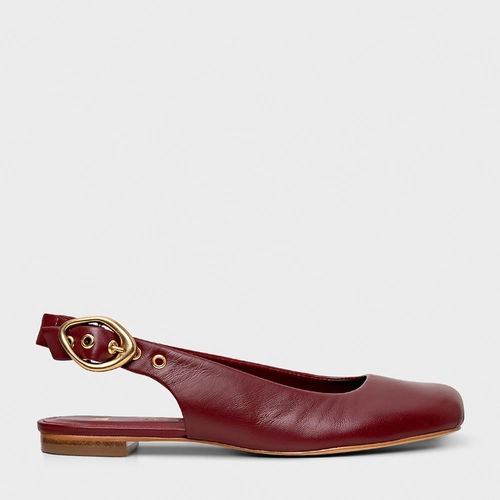 Sapatilha Slingback Buckle Bico Quadrado Couro Vinho Merlot