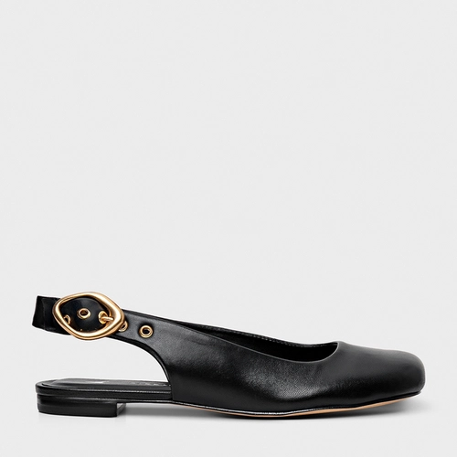Sapatilha Slingback Buckle Bico Quadrado Couro Preto
