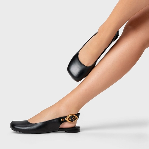Sapatilha Slingback Buckle Bico Quadrado Couro Preto
