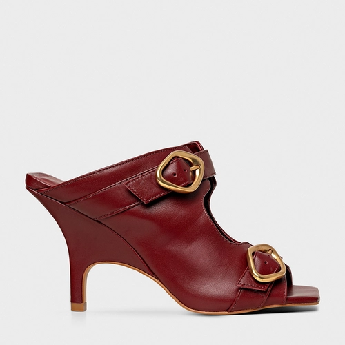 Open Mule Buckle Salto Fino Couro Vinho Merlot