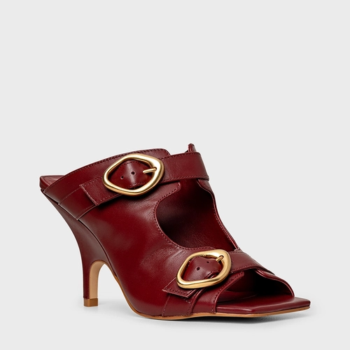 Open Mule Buckle Salto Fino Couro Vinho Merlot