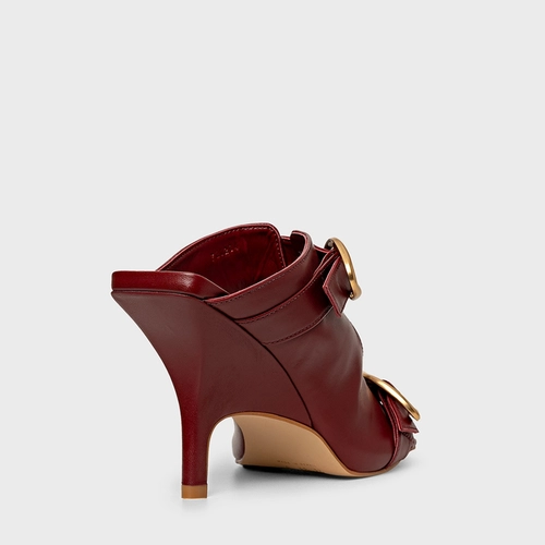 Open Mule Buckle Salto Fino Couro Vinho Merlot