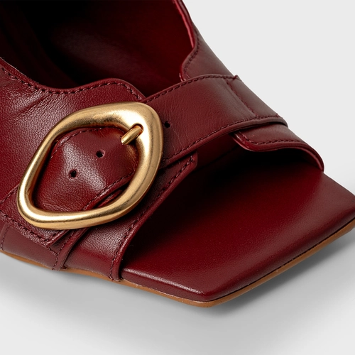 Open Mule Buckle Salto Fino Couro Vinho Merlot