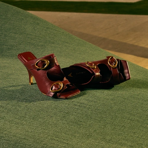 Open Mule Buckle Salto Fino Couro Vinho Merlot