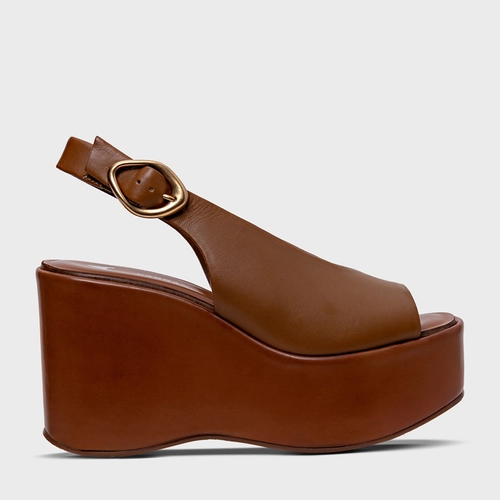 Sandália Buckle Maxi Anabela Couro Marrom Saddle