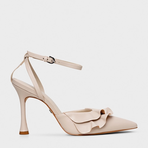 Scarpin Slingback Babados Salto Fino Couro Off White Cotton