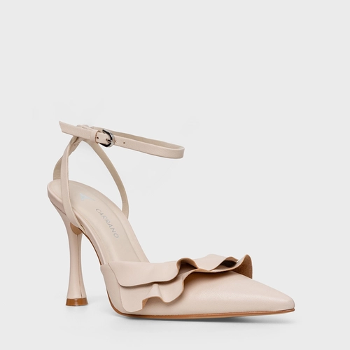 Scarpin Slingback Babados Salto Fino Couro Off White Cotton