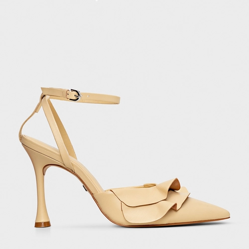 Scarpin Slingback Babados Salto Fino Couro Amarelo Manteiga