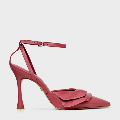 Scarpin Slingback Babados Salto Fino Couro Rosa Berry