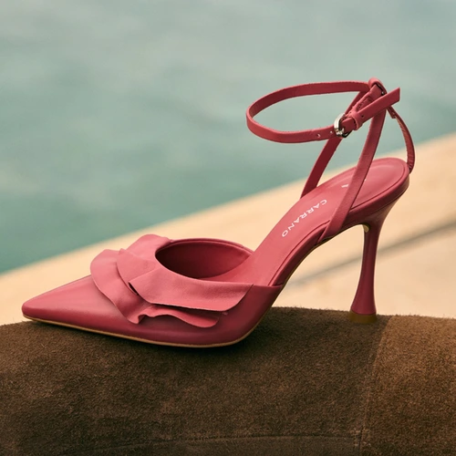 Scarpin Slingback Babados Salto Fino Couro Rosa Berry