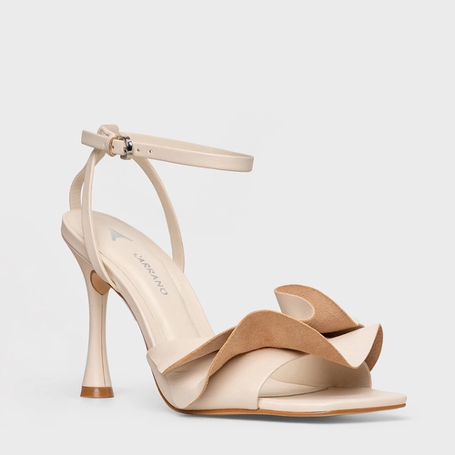 Sandália Babados Salto Fino Couro Off White Cotton