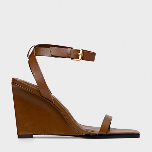 Sandália Basic Anabela Couro Marrom Saddle