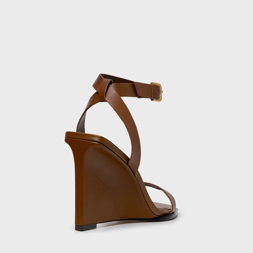 Sandália Basic Anabela Couro Marrom Saddle