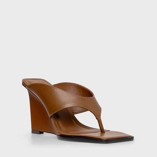 Open Mule Thong Anabela Couro Marrom Saddle