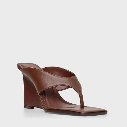 Open Mule Thong Anabela Couro Marrom Brunette