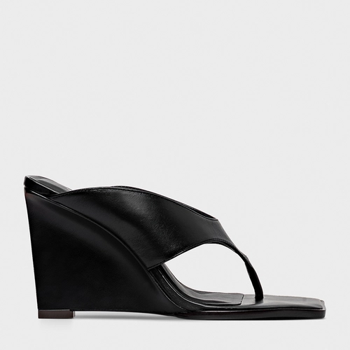 Open Mule Thong Anabela Couro Preto