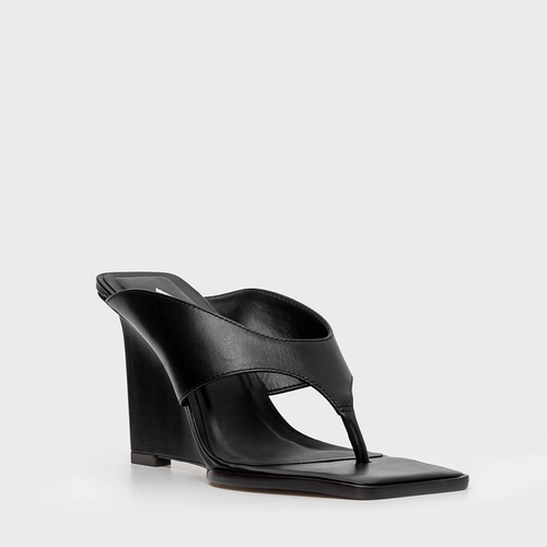 Open Mule Thong Anabela Couro Preto