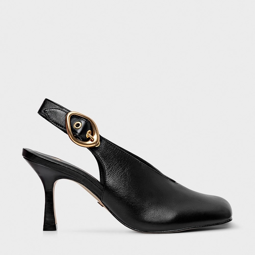 Scarpin Slingback Buckle Bico Quadrado Couro Preto