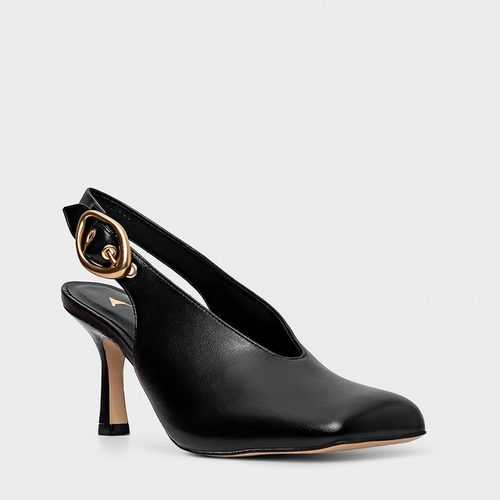 Scarpin Slingback Buckle Bico Quadrado Couro Preto