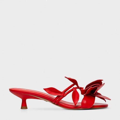 Open Mule Flower Salto Fino Couro Vermelho Carrano