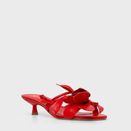 Open Mule Flower Salto Fino Couro Vermelho Carrano