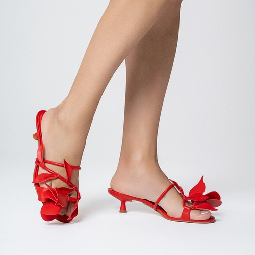 Open Mule Flower Salto Fino Couro Vermelho Carrano