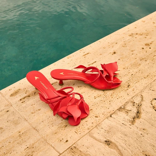 Open Mule Flower Salto Fino Couro Vermelho Carrano