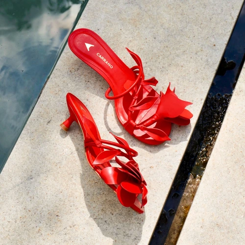 Open Mule Flower Salto Fino Couro Vermelho Carrano