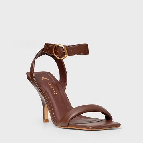 Sandália Tira Puffy Salto Fino Couro Marrom Brunette