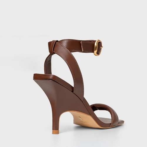 Sandália Tira Puffy Salto Fino Couro Marrom Brunette