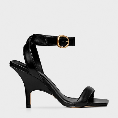 Sandália Tira Puffy Salto Fino Couro Preto