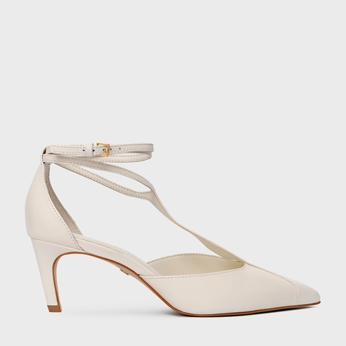 Scarpin Slingback Tiras Front Salto Fino Couro Off White Milk