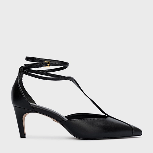 Scarpin Slingback Tiras Front Salto Fino Couro Preto