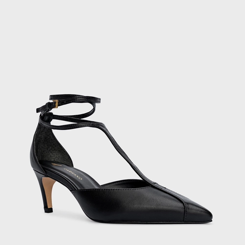 Scarpin Slingback Tiras Front Salto Fino Couro Preto