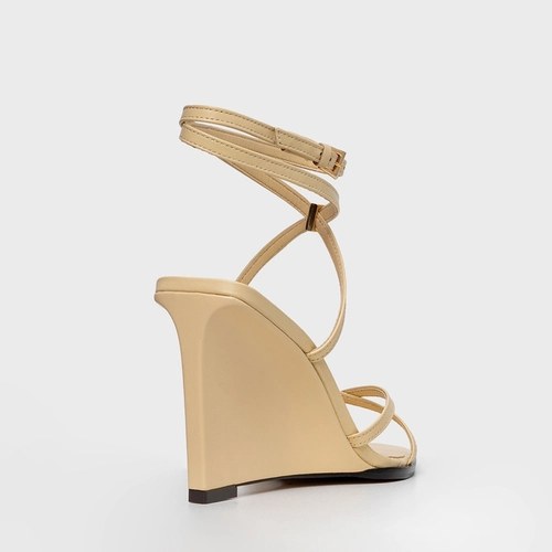 Sandália Minimal Tiras Anabela Couro Amarelo Manteiga