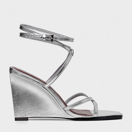Sandália Minimal Tiras Anabela Couro Metalizado Prata