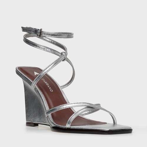 Sandália Minimal Tiras Anabela Couro Metalizado Prata