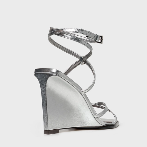 Sandália Minimal Tiras Anabela Couro Metalizado Prata