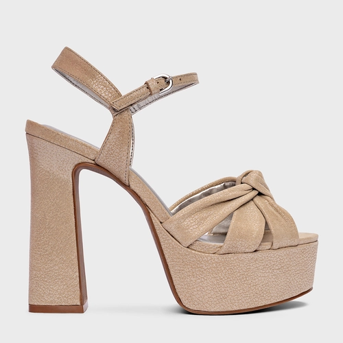 Sandália Plataforma Knot Couro Metallic Bege Silver