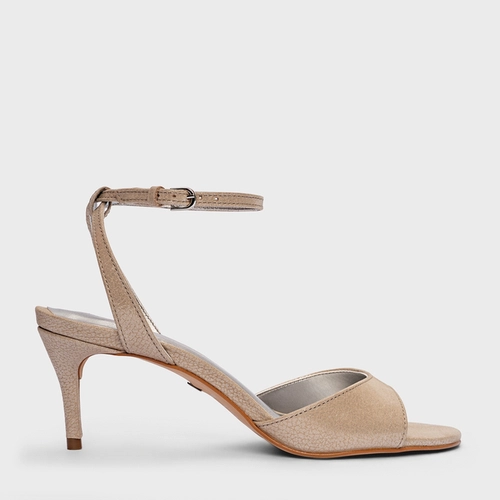 Sandália Party Salto Fino Médio Couro Metallic Bege Silver