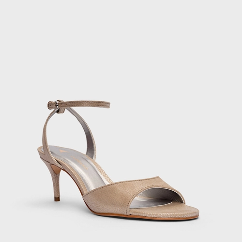 Sandália Party Salto Fino Médio Couro Metallic Bege Silver