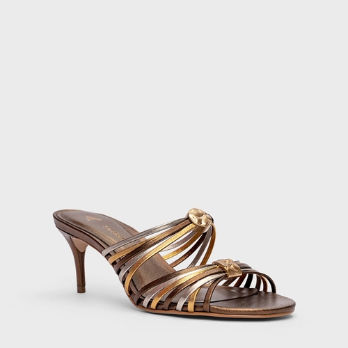 Open Mule Coin Strips Salto Fino Couro Metalizado Bronze