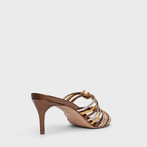 Open Mule Coin Strips Salto Fino Couro Metalizado Bronze