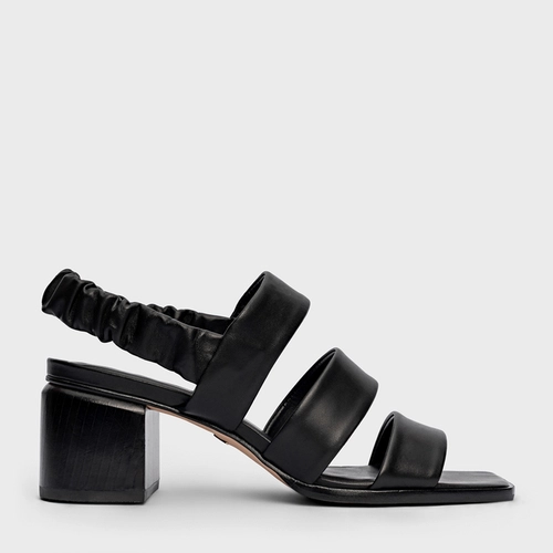 Sandália Triple Tiras Salto Bloco Couro Preto